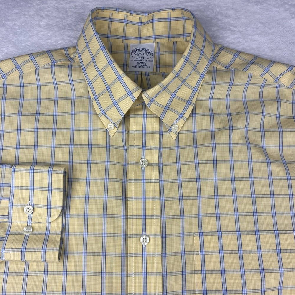 Brooks Brothers Dress Shirt Mens 16.5-2/3 Yellow w/Blue Checks Slim Fit No Iron